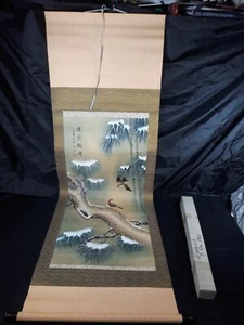 Large Asian Hanging Scroll Landscaping Painting Art on Silk Birds Signed 22"x69" - Picture 1 of 9