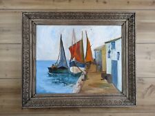 MID CENTURY MODERN NAUTICAL SAILBOATS DOCK OIL PAINTING 50s/60s IMPRESSIONIST 
