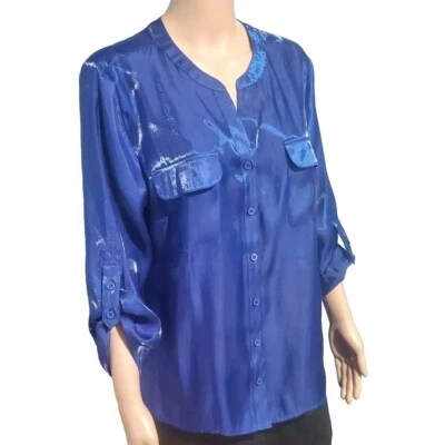Elementz Top XL Shimmer Blue Button Front 3/4 Sleeve Roll Tab Rayon Blend Blouse - Image 1 of 4