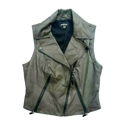 Chaleco de moto de cuero Bebe para mujer cierre asimétrico con cremallera recortado talla mediana forrado marrón  Foto 1 de 4