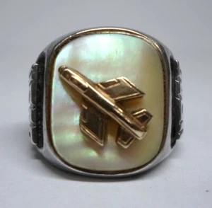 Vintage STERLING SILVER USAF PILOTS RING w Mother of Pearl & GF Fighter Jet Sz 9 - Picture 1 of 11