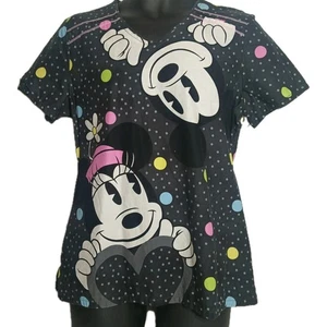 Disney Mickey Minnie Mouse Scrub Top Gray Polka Dots Women's Size Medium  - Picture 1 of 4