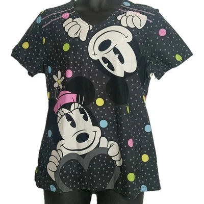 Disney Mickey Minnie Mouse Scrub Top Gray Polka Dots Women's Size Medium  - Image 1 of 4