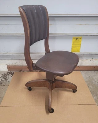 Antique Scalloped Leather Swivel Desk Chair - Image 1 of 4