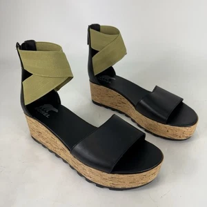 SOREL Cameron Platform FlatForm Ankle Strap Wedge Sandal Womens 9.5 Green Black - Picture 1 of 5