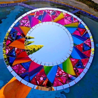 Inlaid Multi Colored Stained Glass Mosaic Handmade Round Wall Mirror - Image 1 of 4