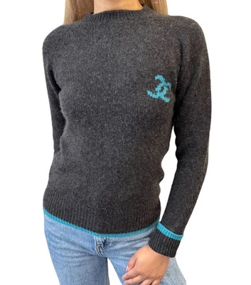 CHANEL Vintage 96A CC Logo Knit Sweater Top #36 Gray Blue Cashmere - Image 1 of 4