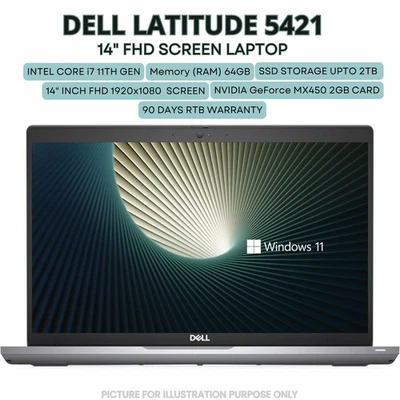DELL LATITUDE 5421 14" FHD I7-11850H (11th GEN) 32GB RAM 1TBSSD NVIDIA MX450 2GB - Image 1 of 4
