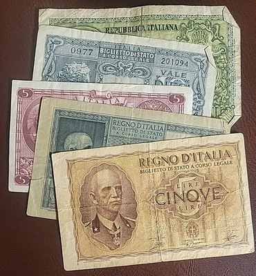 1939-1951 ITALY ITALIA, L.5, 10, 50 lire, lot of 5 circulated banknotes - Image 1 of 4