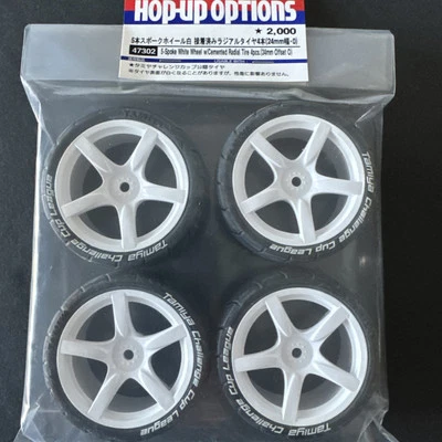 Tamiya 47302 5-Spoke White Wheel W/Cemented Radial Tire 4pcs. (24mm Offset 0) - Image 1 of 4