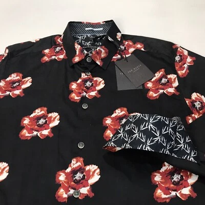 Camisa Ted Baker Para Hombre Talla 6 (2XL) Floral Punta Roja Negra L/S Lilky Nueva $165 Foto 1 de 4