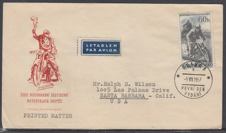 Czechoslovakia Scott 815 FDC - 32nd Intl. Motorcycle Race - Image 1 of 1