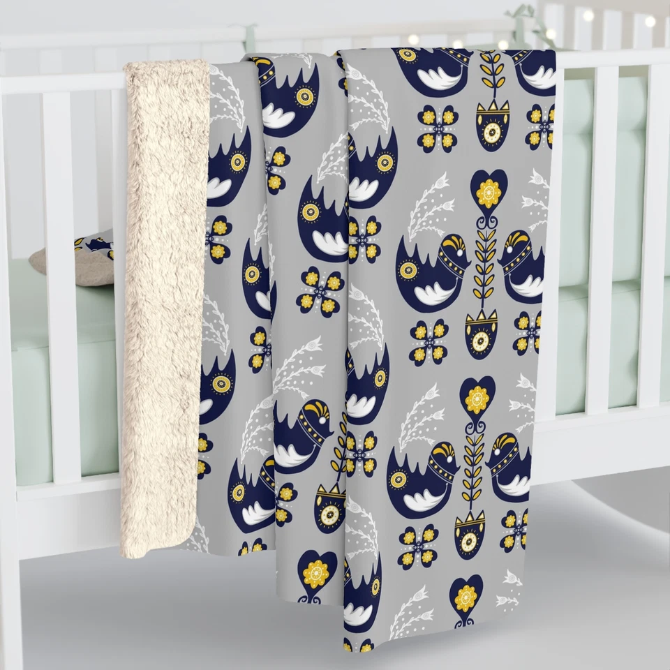 Nordic Bird Folk Art Pattern, Cozy Sherpa Fleece Blanket, Scandinavian Throw - Image 1 of 1