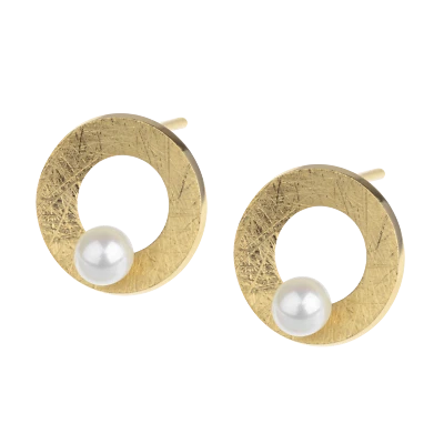 Ernstes Design Ohrstecker Ohrringe E620 Edelstahl vergoldet Perle matt gekratzt - Bild 1 von 3