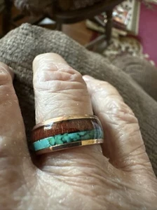 Gold, Brown Wood Grain, & Turquoise Band  Stainless Steel Ring In A Size 7 - Picture 1 of 8