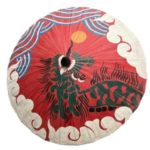 Vintage Hand Painted Japanese Chinese Bamboo Rice Paper Wood Umbrella Parasol - Picture 1 of 14