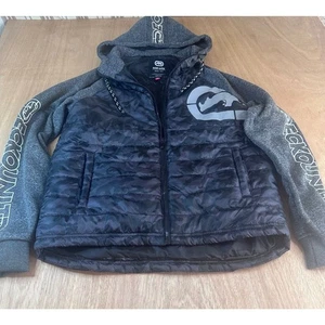 Ecko Unltd Men’s Quilted Camo Hoodie Hybrid Jacket Gray Black Size M Zip Up Logo - Picture 1 of 3
