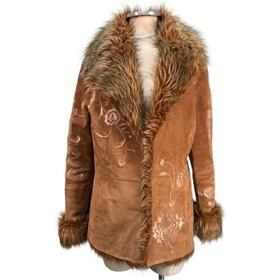 Vintage Together Womens Y2k Suede Leather Faux Fur Embroidered Coat Size Large - Image 1 of 4
