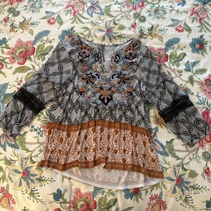 Anthropologie Embroidered Blouse Fall Boho Sm Orange Black Floral 3/4 Sleeve - Picture 1 of 11