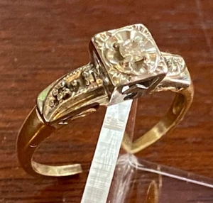 Vintage 14k Yellow White Gold 3 Diamond Engagement Ring Sz 5.25 - 5.5 - Picture 1 of 8