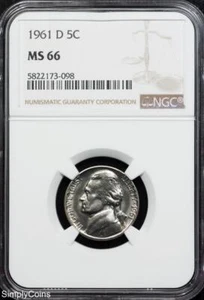1961-D Jefferson Nickel NGC MS66 BU Uncirculated MQ - Picture 1 of 8