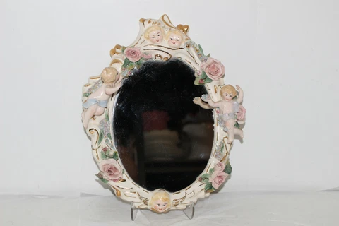 VINTAGE PORCELAIN OVAL WALL MIRROR W/APPLIED FLOWERS & CHERUBS Cover
