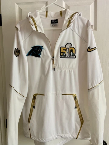 Nike NFL Carolina Panthers Super Bowl 50 Men’s Sz M 1/4 Zip Pullover White/Gold Cover