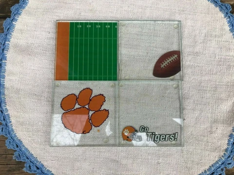 Clemson University Tigers Football Square Glass Coasters Set Lot of 4 - 3 3/4" Cover