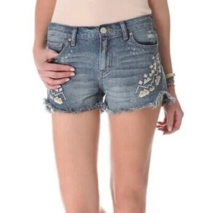 Free People Geo Embroidered Distressed Cut Off Denim Shorts Womens Size 25 - Picture 1 of 3