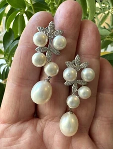 Eye catching 925SS Earrings, Natural White Pearl Stud, Dandle Drop - Picture 1 of 5