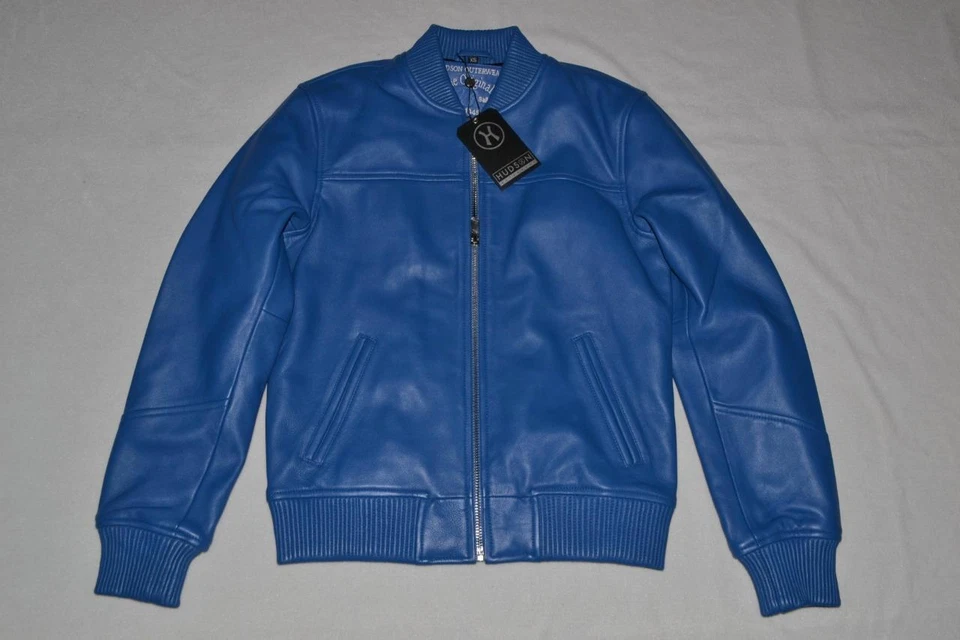 Chaqueta Bomber De Cuero Real Hudson Azul Para Hombre Nueva - Imagen 1 de 4