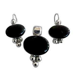 Black Stone Pendant w/Matching Earrings, Set in Sterling Silver - Picture 1 of 2