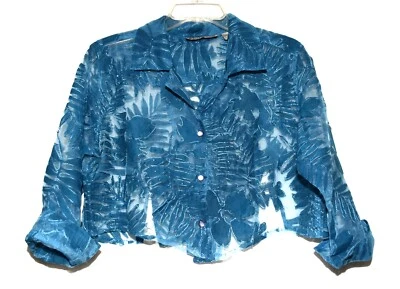 Blue Beaded Sheer Embroidered Floral Cropped Blouse by New Direction Womens XL - Image 1 of 4