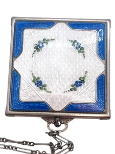Stunning Hand Painted Guilloche Enamel Compact With Wrist Chain - Picture 1 of 4