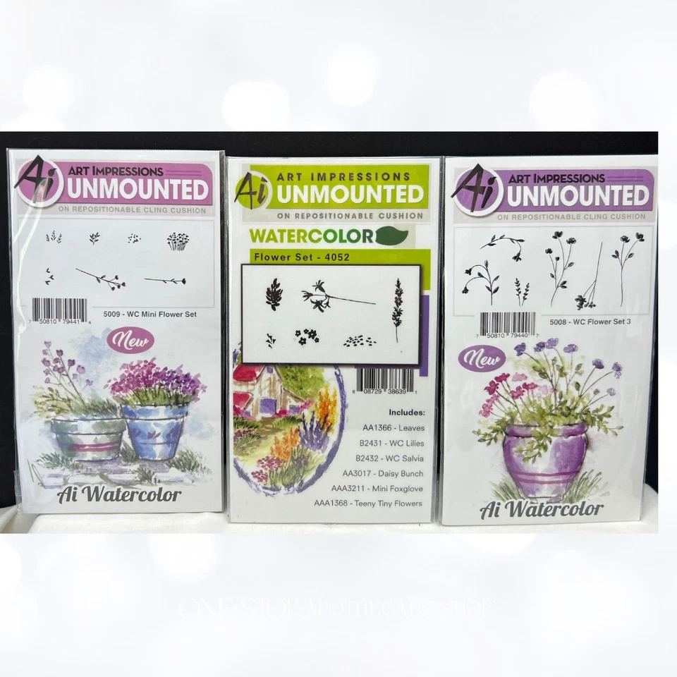 Art Impressions FLOWERS Watercoor Mini Floral Rubber Stamps Sets 1 & 3 Lot - Image 1 of 1