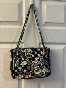 VERA BRADLEY FLORAL NIGHTINGALE NAVY BIRD~CHAIN STRAP~SHOULDER BAG PURSE & WALLE - Picture 1 of 7