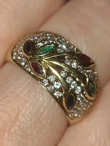 18k Diamond Ring W Sapphire, Rubies & Emerald, 18k Wide Ring, Wide Diamond Band - Picture 1 of 24