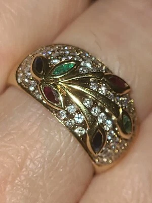 Anillo de diamantes de 18k con zafiros, rubíes y esmeraldas, anillo ancho de 18k, banda ancha de diamantes Foto 1 de 4