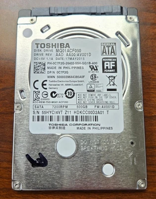Toshiba 500GB, Internal, 7200 RPM. 2.5" (MQ01ACF050) Hard Drive USED "AS-IS" - Image 1 of 2