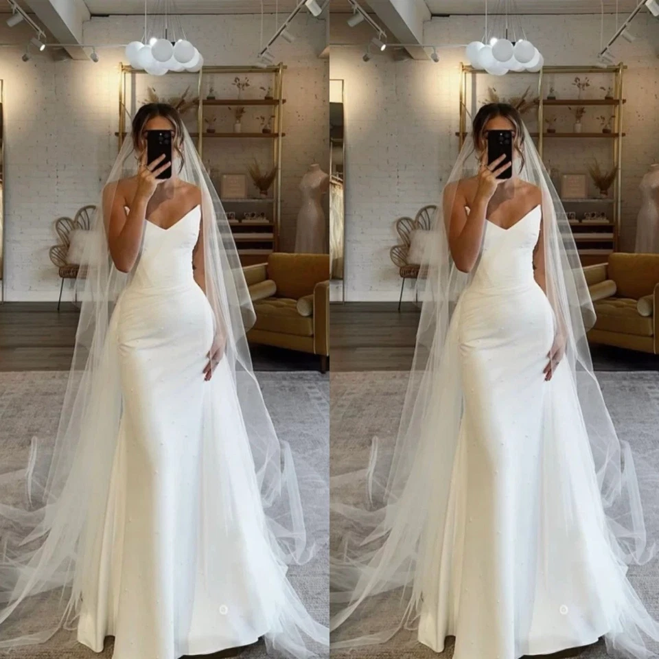 Vestidos de novia simples de satén de sirena vestidos de novia fruncidos blancos marfil Foto 1 de 4