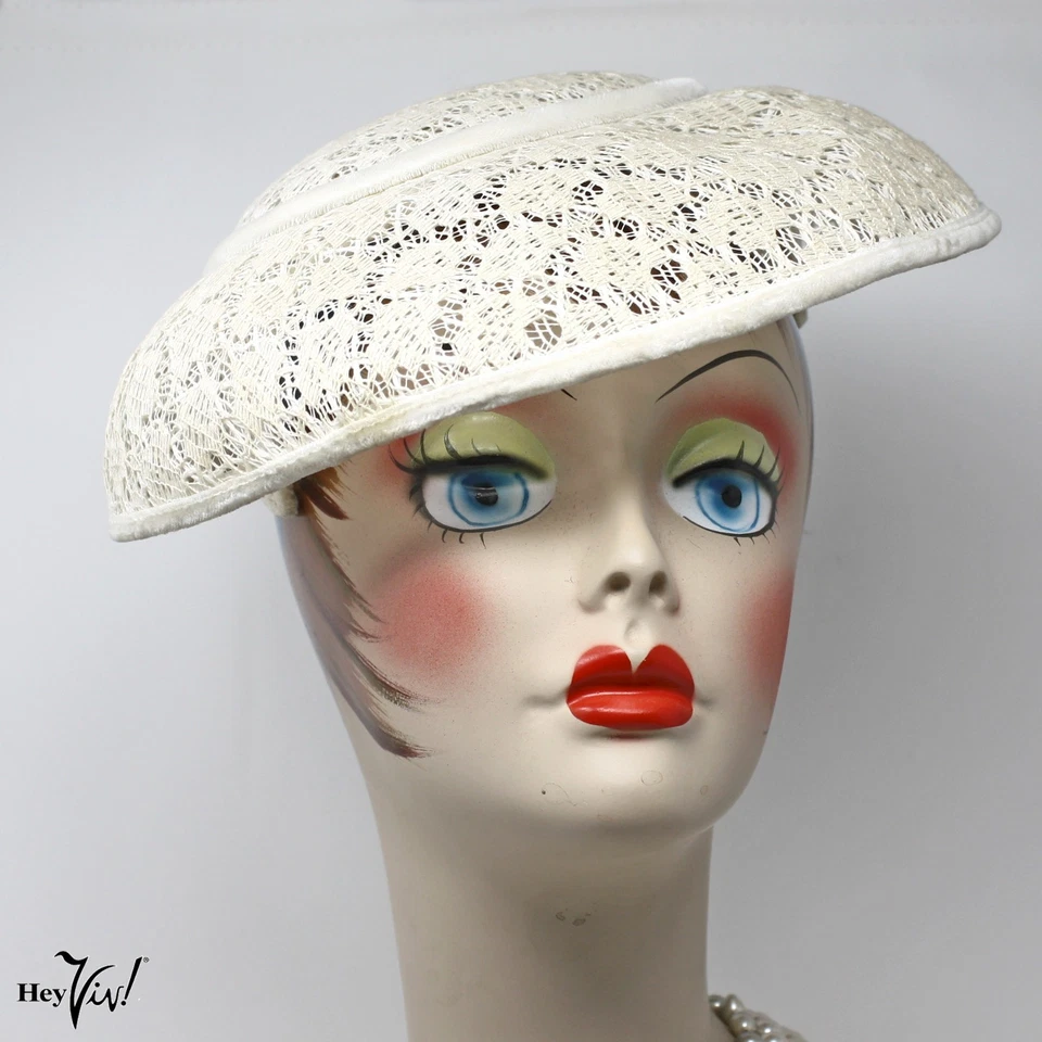 Vintage Ivory Lace Platter Hat 50s Wide Brim Wedding or Garden Party - Hey Viv - Image 1 of 4