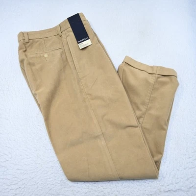 Nautica Chamois Chino Pants Light Brown Classic Fit Pleated Mens 34 x 32 NEW - Image 1 of 4