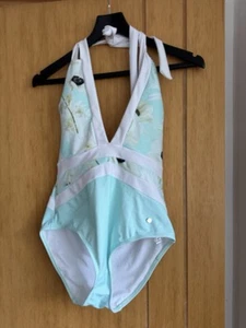 ted baker swimsuit size 4 Aqua White Floral Halter Neck V Back BNWT - Picture 1 of 7