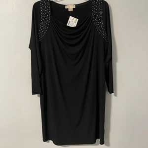 Vestido Michael Kors Negro Tachonado Hombro, Cuello Drapeado, Hasta la Rodilla 1X - Imagen 1 de 10