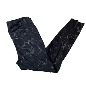 Athleta Medium Leggings Black Print Elastic Waist Pull On Scalloped Ankle - Picture 1 of 6