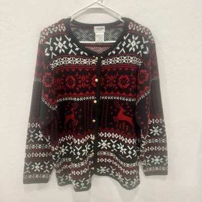 Cárdigan Suéter Liz Baker Para Mujer 1X Rojo Negro Grueso Tejido Fair Isle Navidad Foto 1 de 4