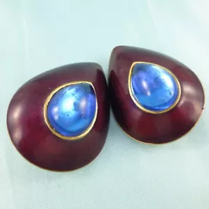 Vintage Jay Feinberg rot Emaille blau Cabochon Clip auf Ohrringe Träne Tropfen groß - Bild 1 von 6