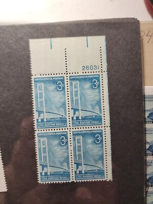 1958 Mackinac Bridge Plate Block of 4 3c Postage Stamps Sc# 1109 Unused - #B55 - Image 1 of 3