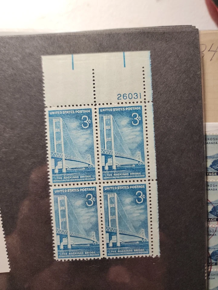1958 Mackinac Bridge Plate Block of 4 3c Postage Stamps Sc# 1109 Unused - #B55 - Image 1 of 3