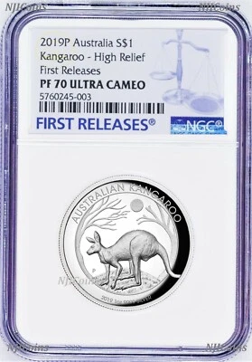 2019 P Australia HIGH RELIEF 1oz Silver Kangaroo $1 Coin NGC PF70 FR Blu Label - Image 1 of 4
